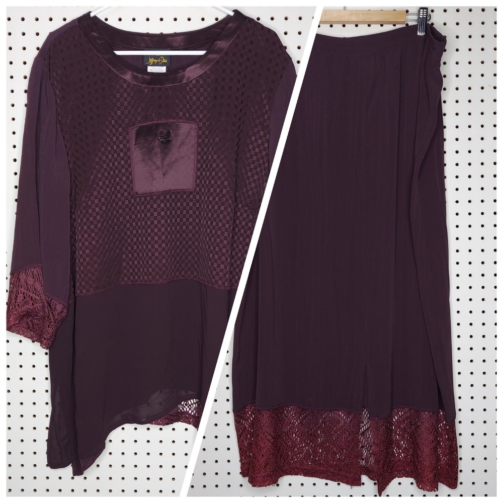 Laura Fantini‎ Vtg Skirt Top Set 24W Purple Chiffon Lace Hem 3/4 Midi Asymmetric